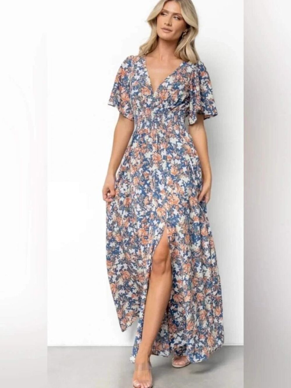 Baltic Born Verona Smocked Maxi Dress L Blue Orange Floral Flutter Sleeve Slit